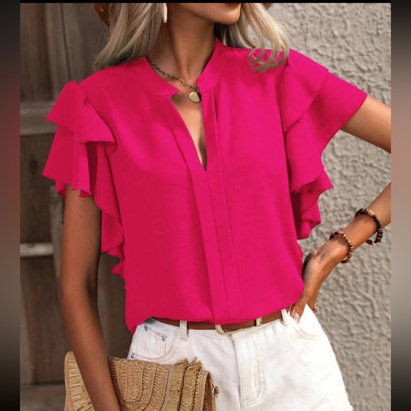 Boho Butterfly Flutter Sleeve Key Hole Tie Back Top Blouse - Picture 4 of 4